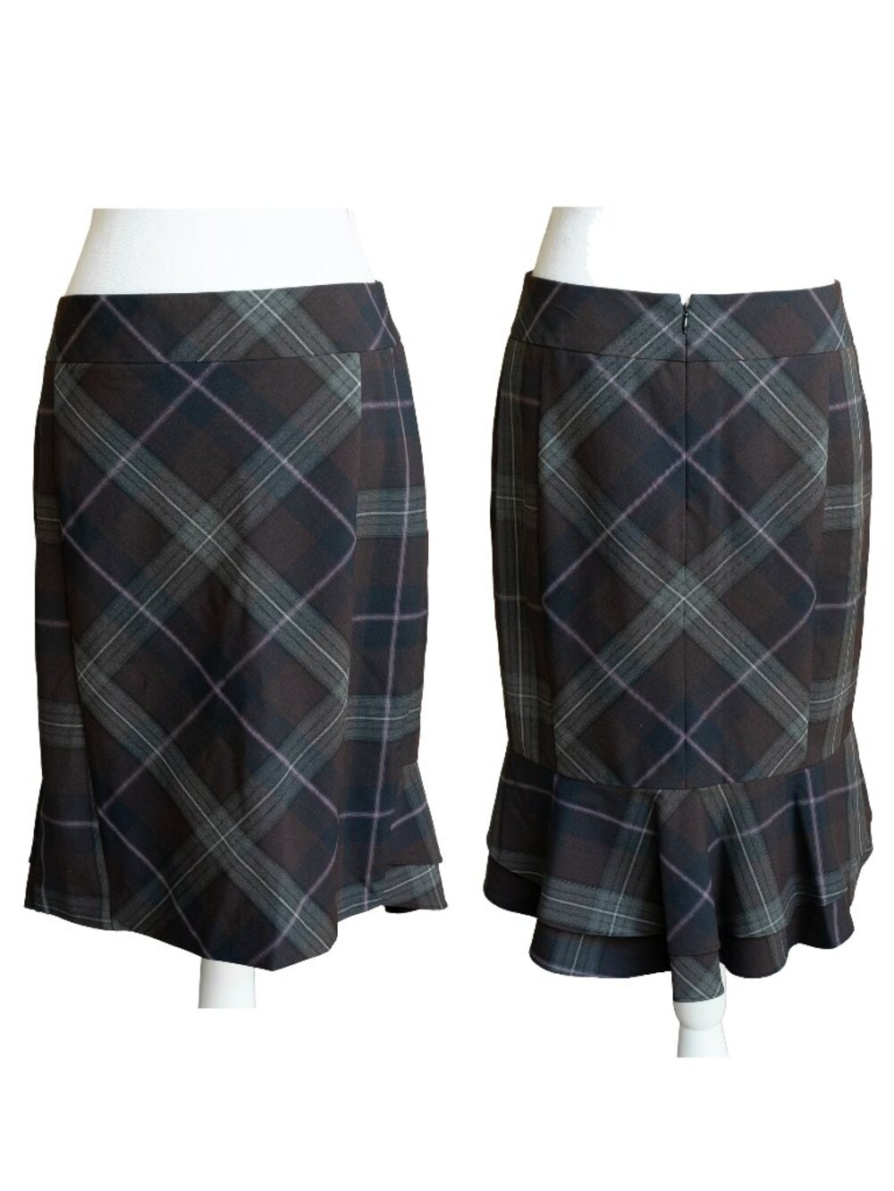 Vintage Express Plaid Fishtail Skirt High Waist Flare Ruffle Academia Siren